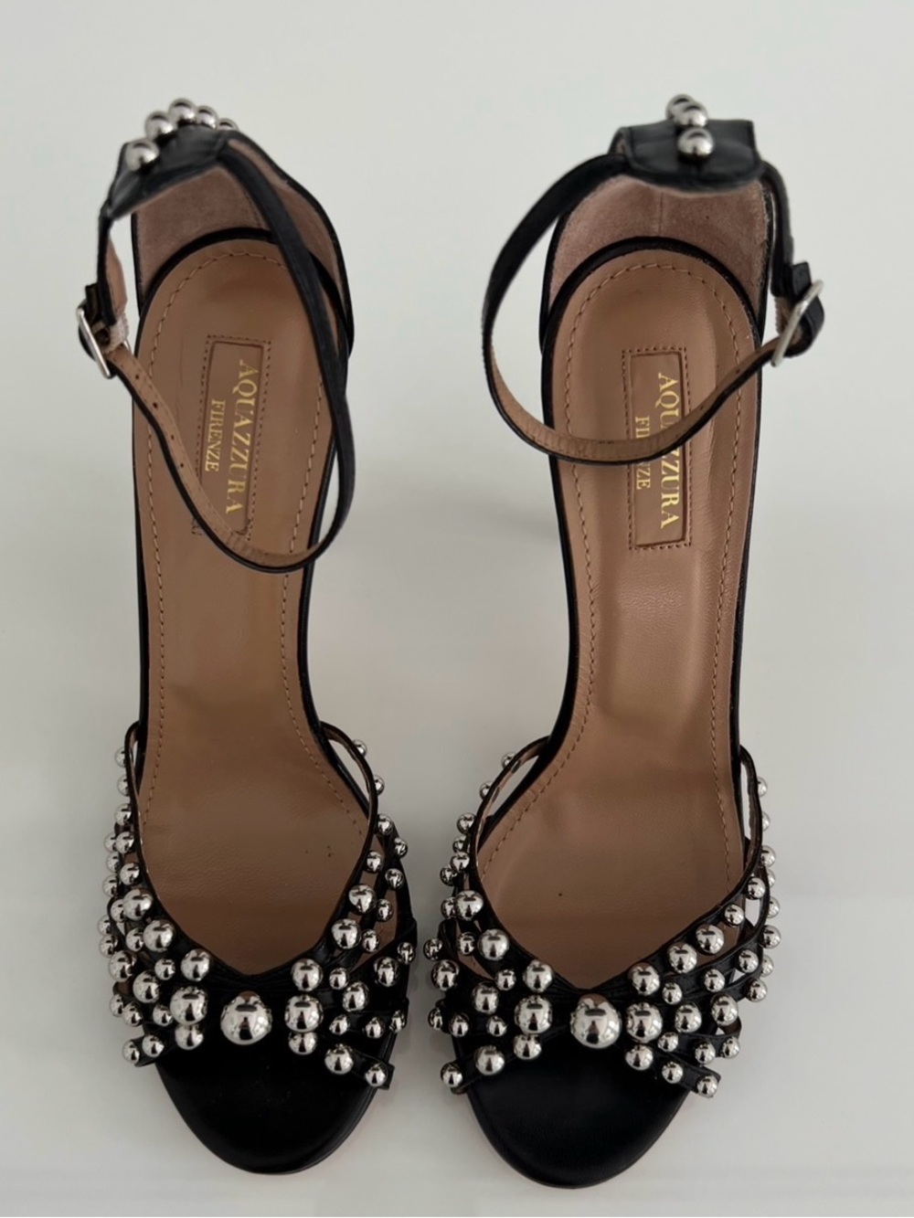 AQUAZZURA BLACK LEATHER SILVER STUDDED SANDALS SIZE IT 38 / US 8 - Picture 6 of 17